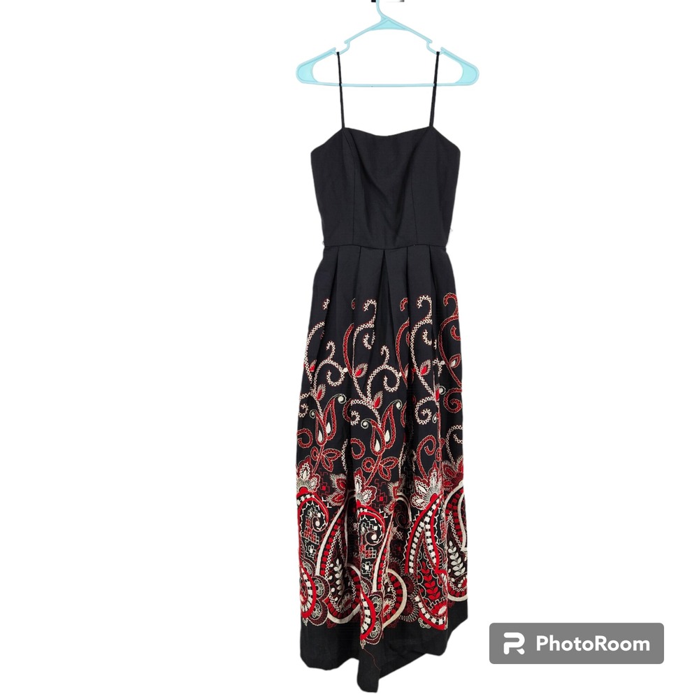 Vintage 1960s Union Label Dress Black Red Embroidered A line Housewife Maxi XS